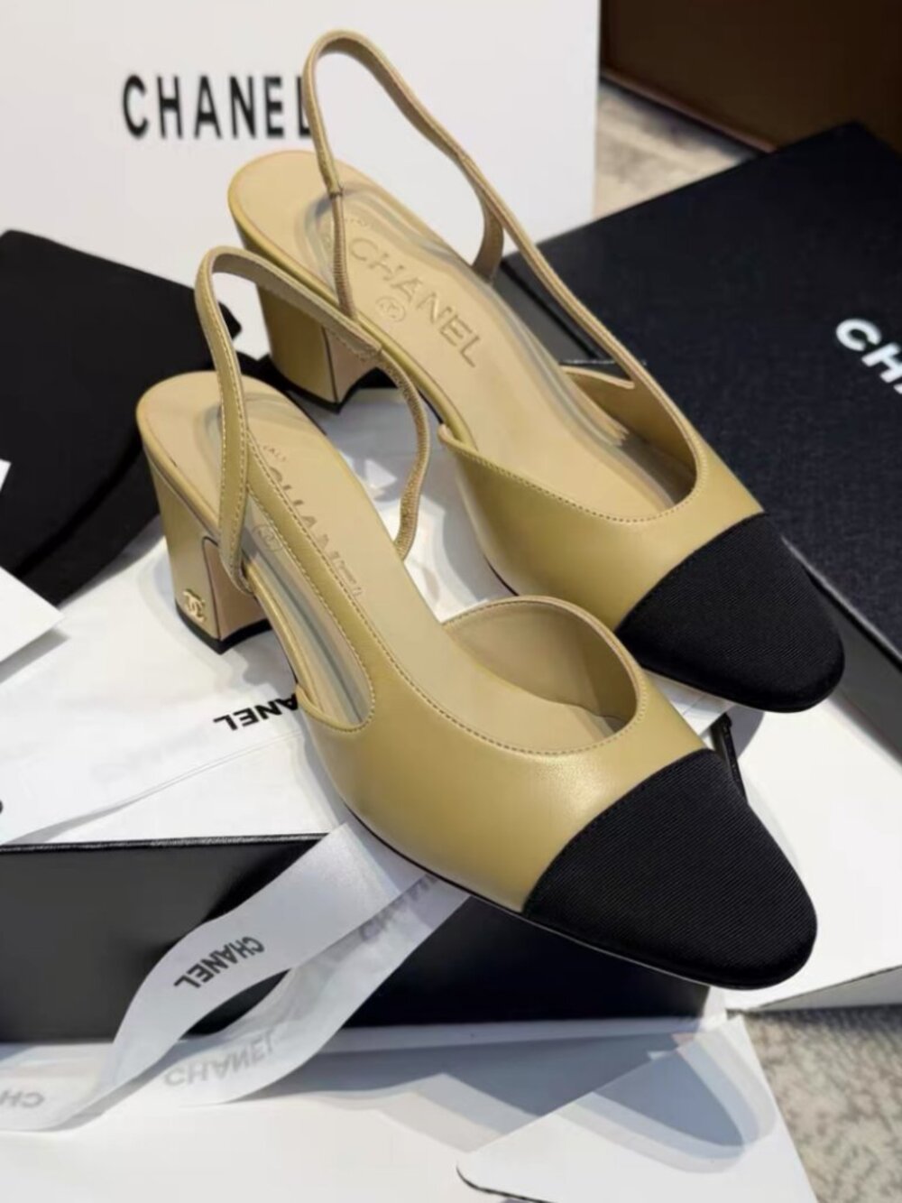 Chanel Classic Two‑Tone Beige Black Slingback Block Heel Pumps